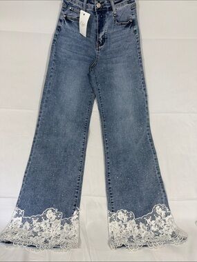 Nina Rossi Embellished Blue Wide-Leg Jeans with Lace Hem